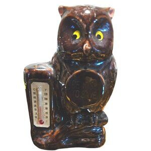 Vintage Ceramic Owl Coin Bank Brown With Thermometer "Be Wise To Save" Design 5"